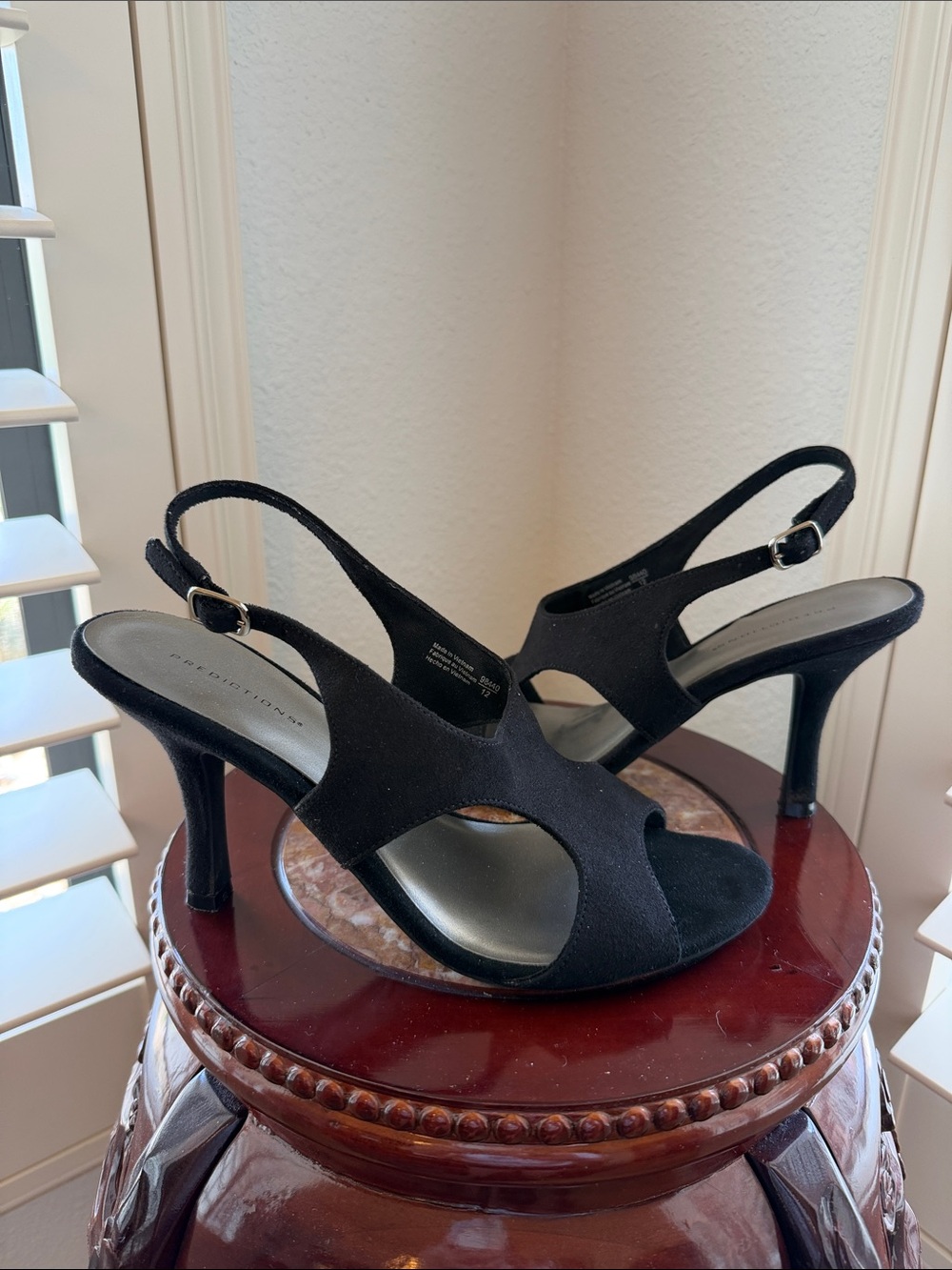 Predictions Slingback High Heel 8 Black Suede Look Open Toes 3 1/2” Heel Evening